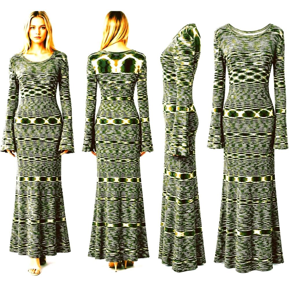 Next Maxi Sweater Dress NWT Sz Large Olive Green White Mustard Black Geometric